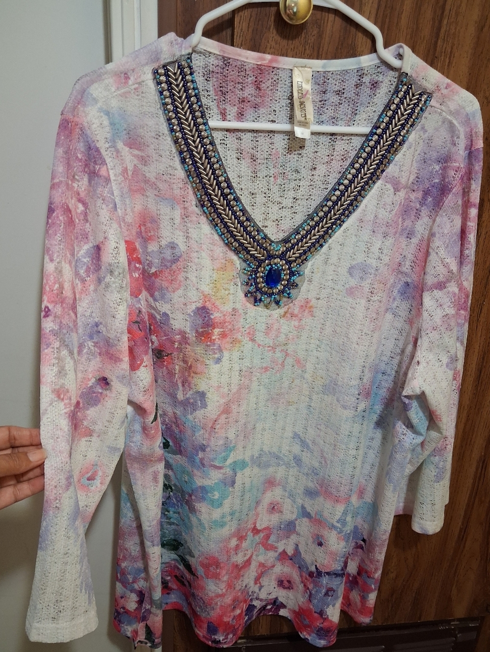 liz & co. Multicolor Floral Knit Top with Jeweled V-Neck